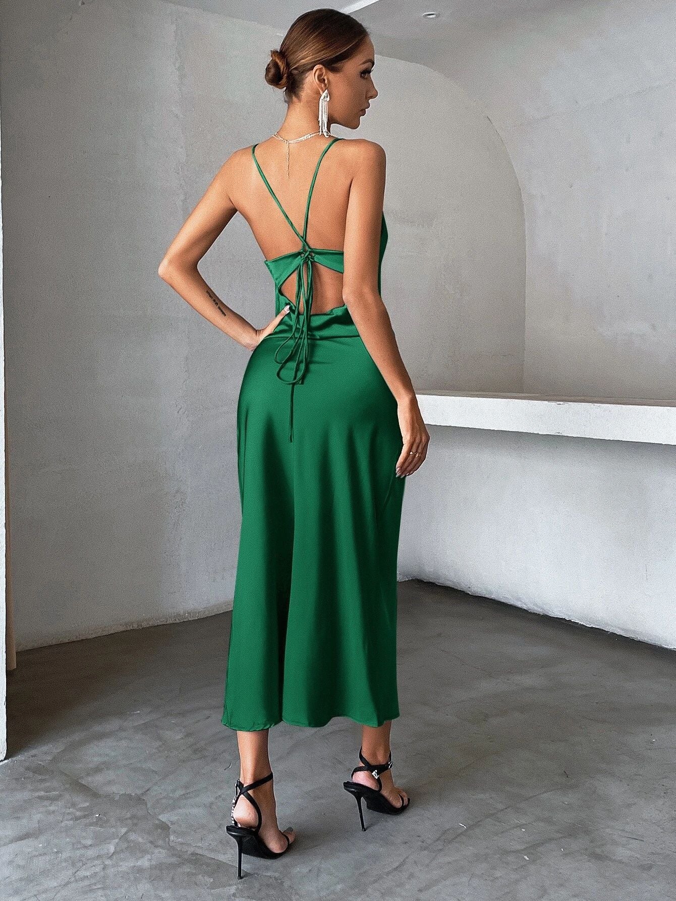 green satin dress