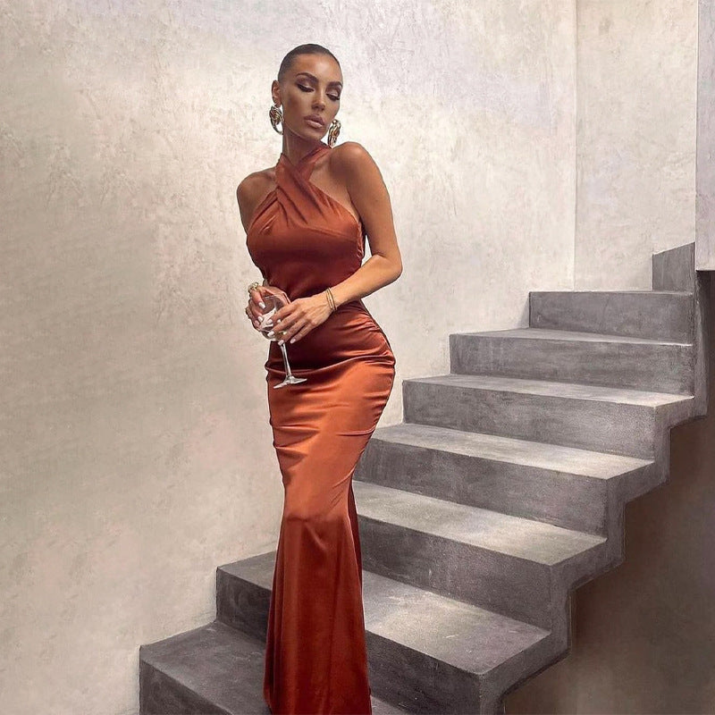 brown satin dress bronze 