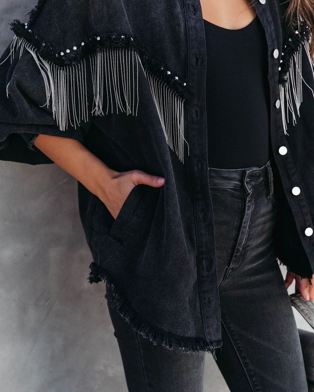 fringe jacket black denim womens clothes rodeo