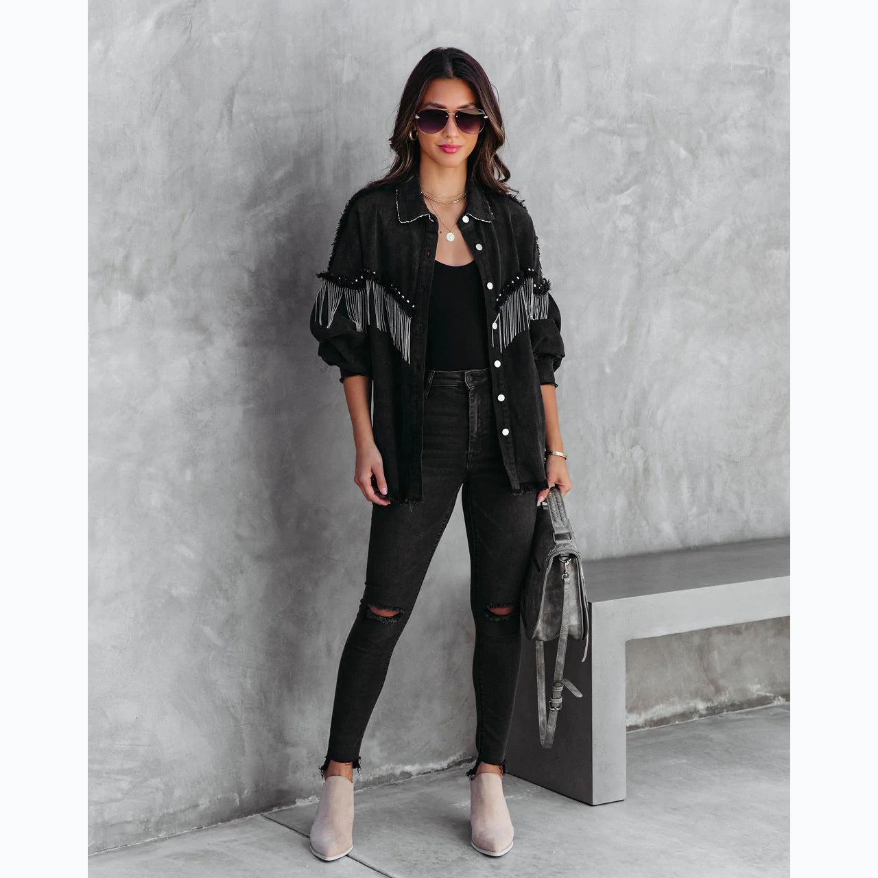 black denim fringe oversized jacket