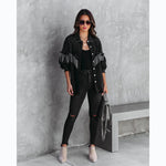 black denim fringe oversized jacket
