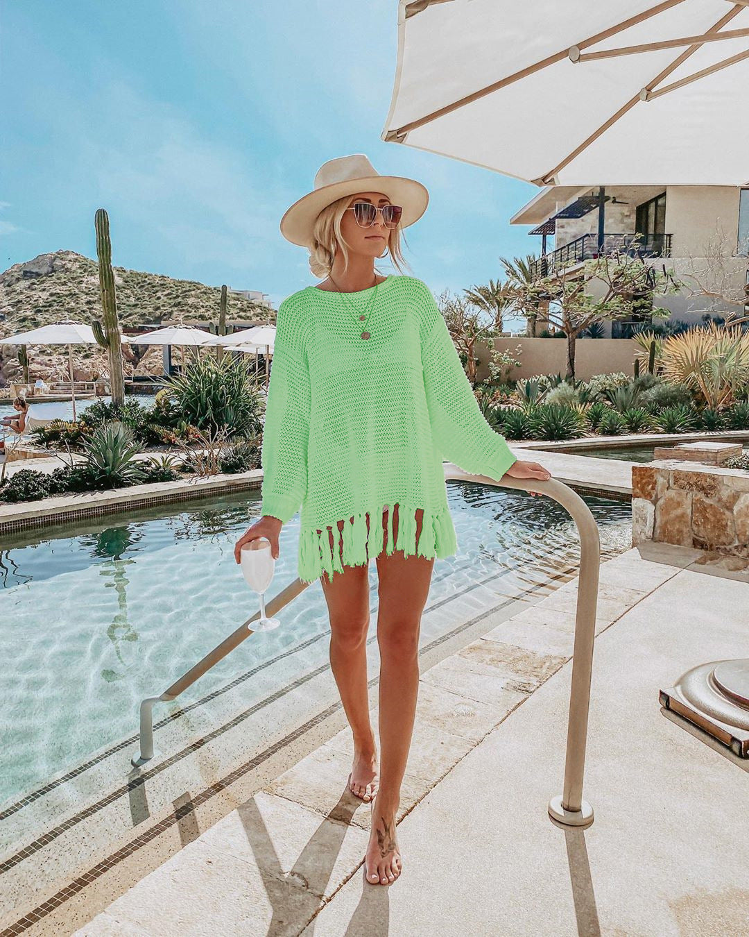 green top coverup fringe tassel shirt beach coverups