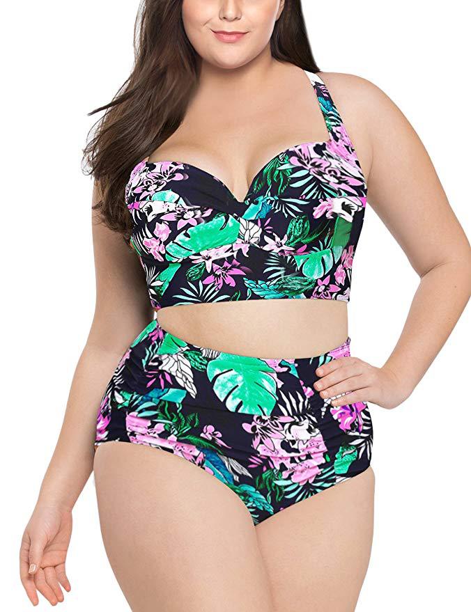 purple floral plus size bikini two piece swimsuit womens curvy swimwear