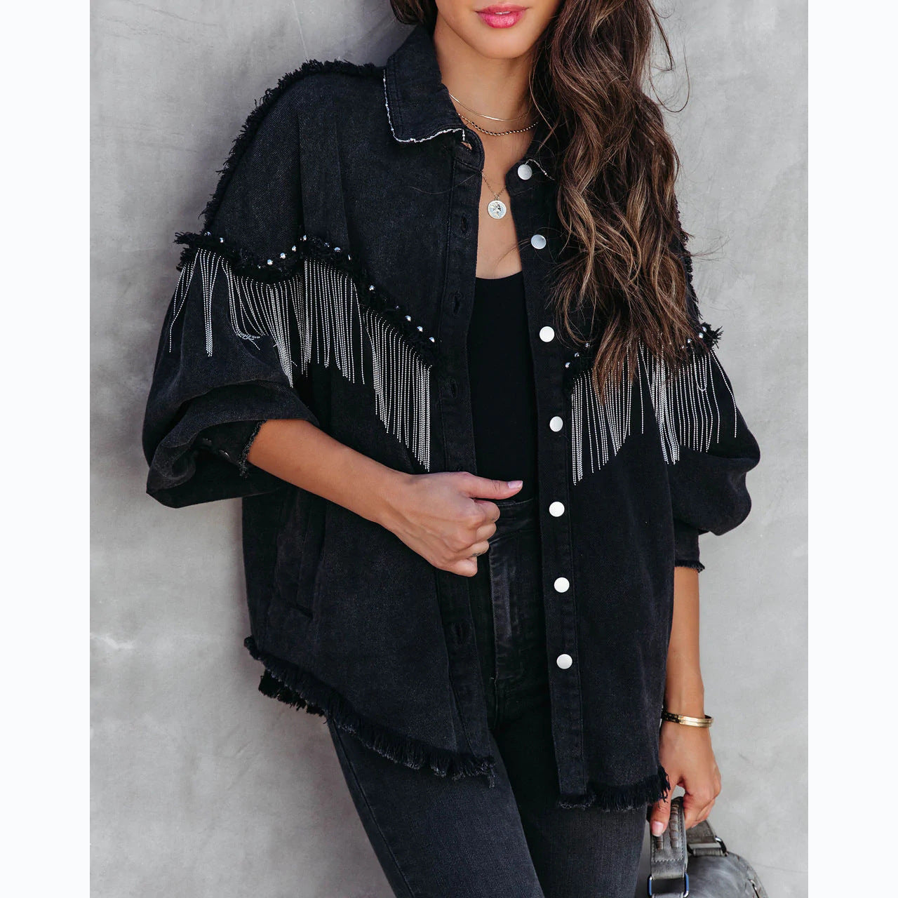 black fringe jacket denim coat oversized rodeo