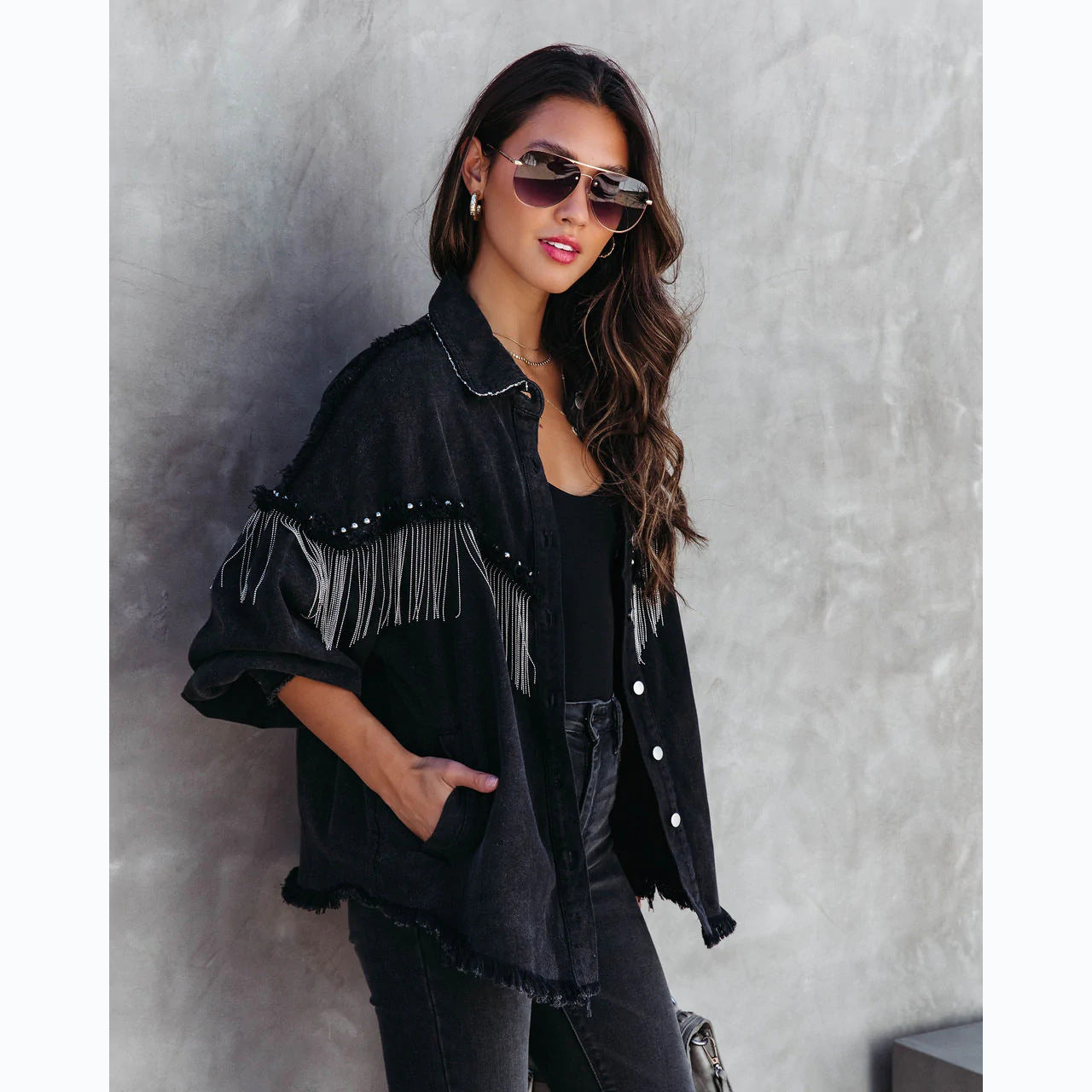 black rodeo fringe jacket denim womens clothes