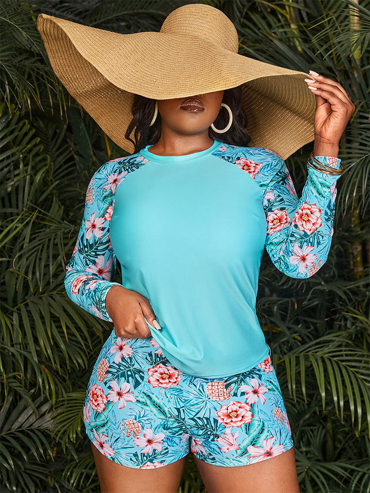 blue long sleeve swimsuit shorts bikini two piece womens swimwear set floral bikini two piece set