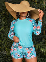 blue long sleeve swimsuit shorts bikini two piece womens swimwear set floral bikini two piece set