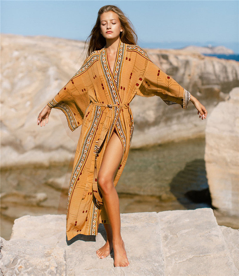 orange brown long kimono cardigan style look festival