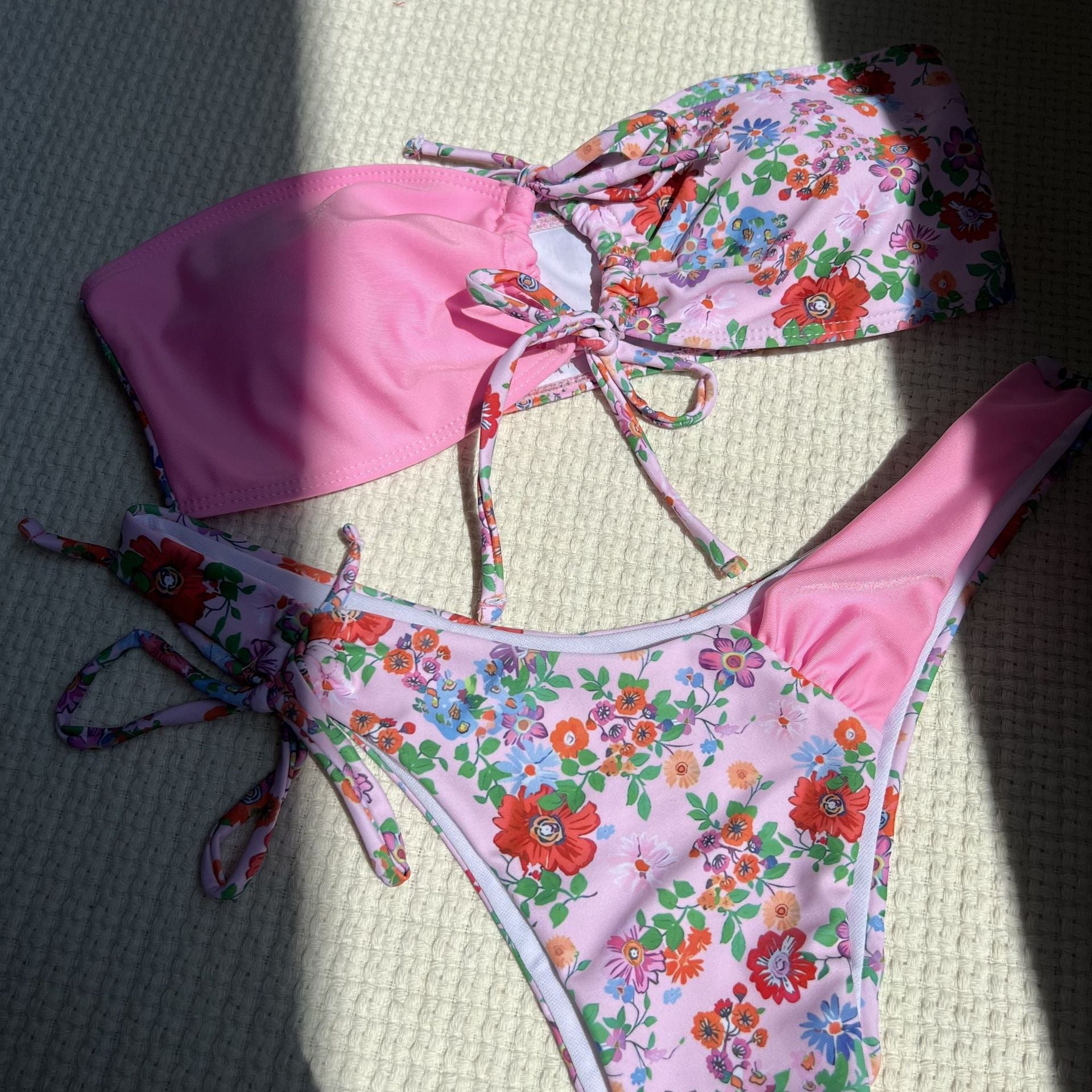 pink strapless bikini floral sexy bikinis