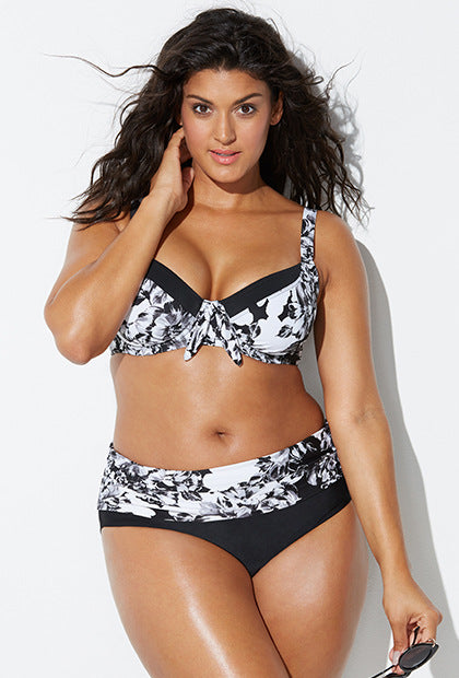 plus size bikini black and white floral print